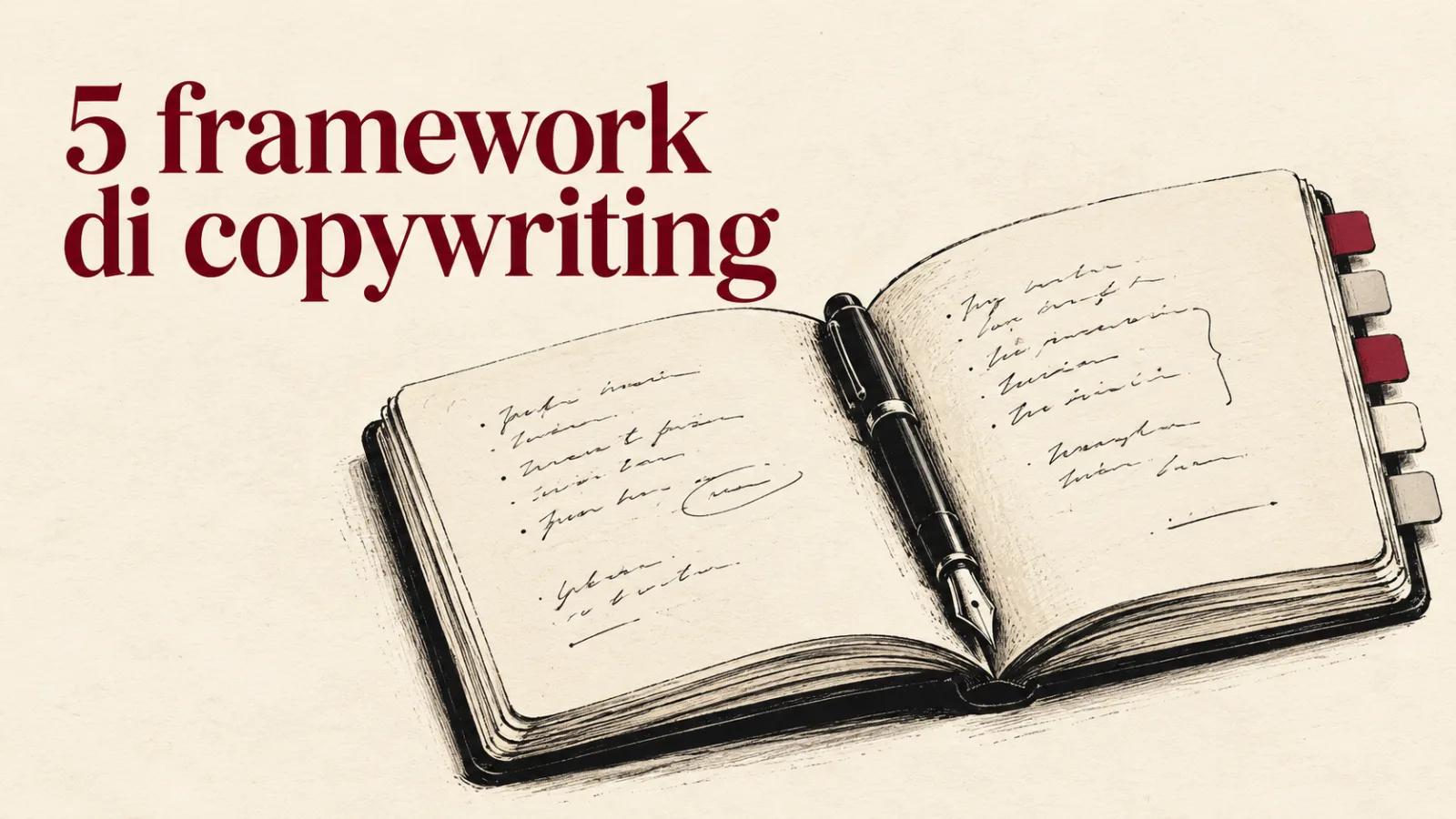 5 framework di copywriting: illustrazione di un taccuino aperto con appunti scritti a mano e una penna stilografica